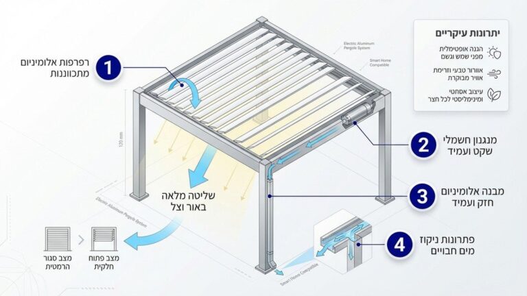 פרגולה אלומיניום, גג נפתח מתכוונן, שליטה באור וצל, ניקוז מים חבוי