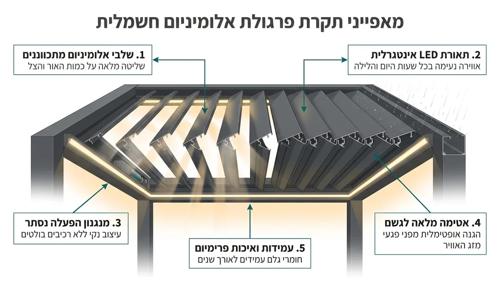 נוצר על ידי מודל בינה מלאכותית Gemini Pro תקריב של שלבי אלומיניום מתכווננים ותאורת לד משולבת
