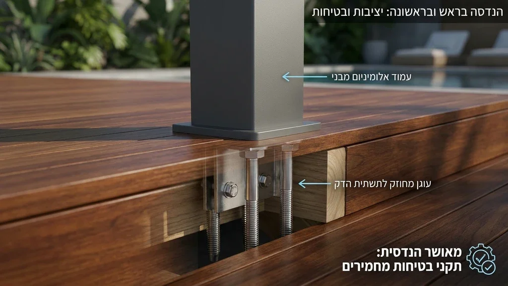 תשתית ועיגון בטיחותי של עמודי פרגולת אלומיניום בחצר הבית