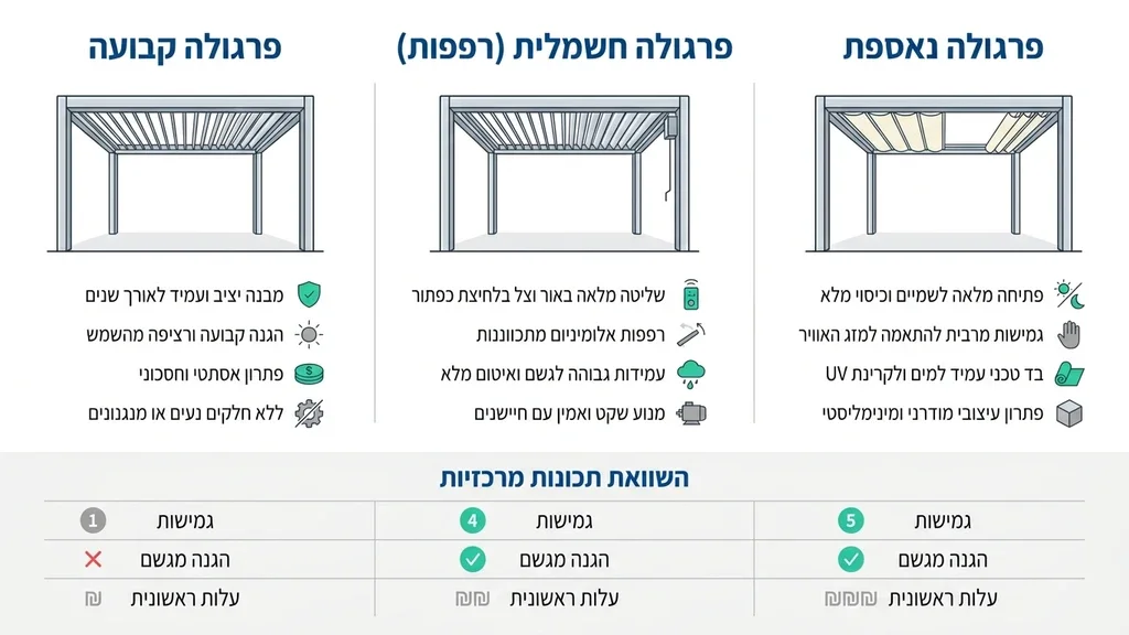 השוואה חזותית של פרגולת אלומיניום חשמלית עם רפפות פתוחות חלקית