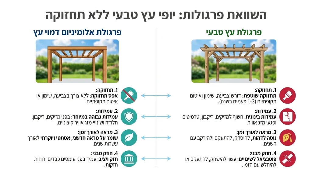 פרגולת אלומיניום דמוי עץ מעוצבת בחצר פרטית מבית המרכז לפרגולות אלומיניום