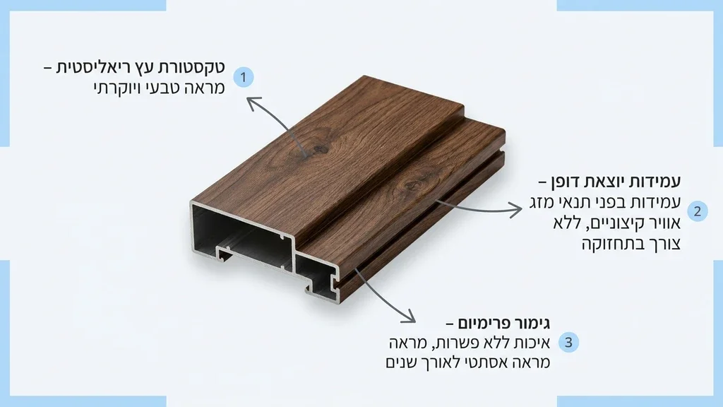 תקריב של פרופיל אלומיניום בגימור דמוי עץ המדגים את הטקסטורה הייחודית