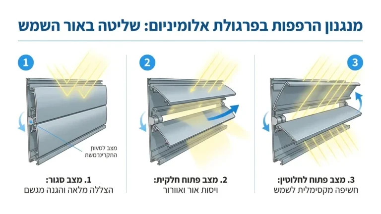 פרגולת אלומיניום, שליטת אור, להבי פרגולה, מצבי פתיחה