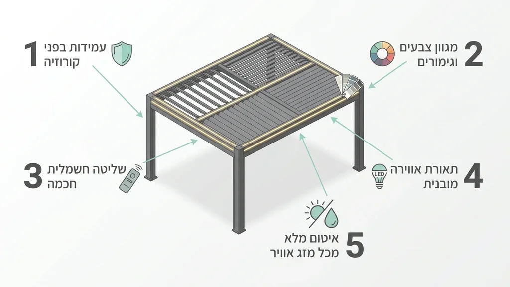 נוצר על ידי מודל בינה מלאכותית Gemini Pro עיצוב יוקרתי של פרגולת אלומיניום מתכווננת בחצר בית פרטי