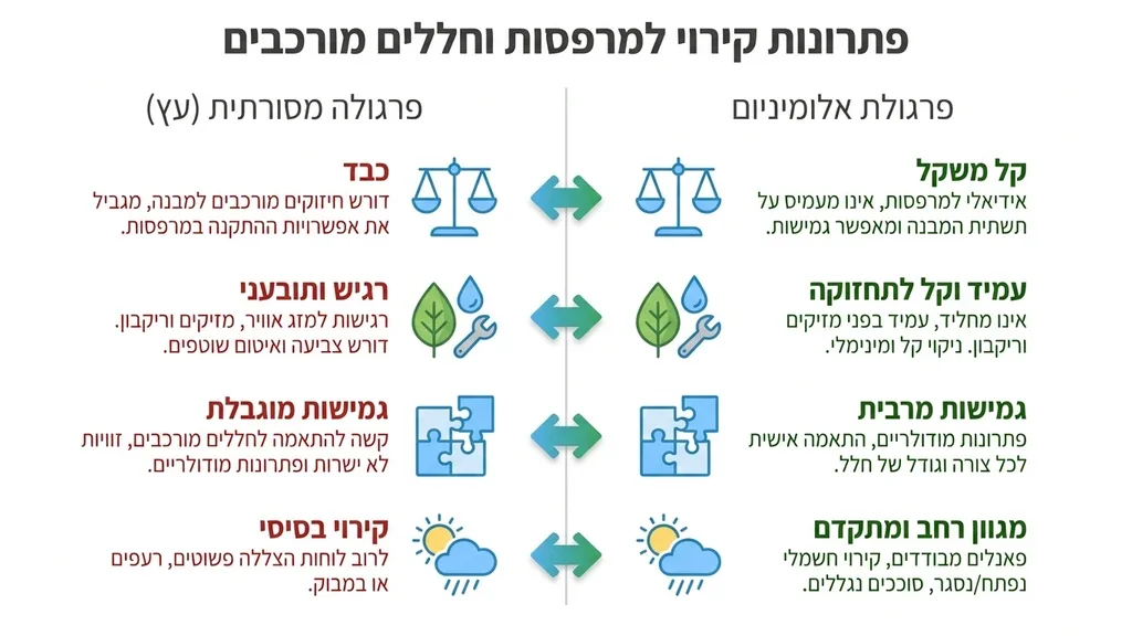 פרגולת אלומיניום פאנל מבודד המותקנת במרפסת שמש מעוצבת עם ריהוט גן מודרני