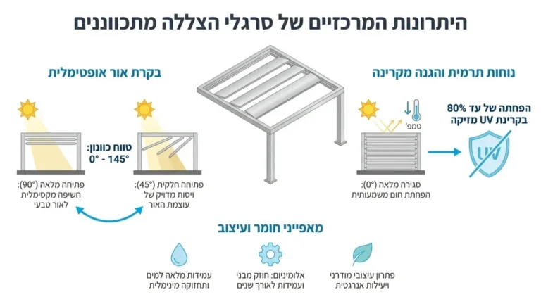 פרגולה מתכווננת, תריסי הצללה, הגנה מקרינת UV, אלומיניום עמיד