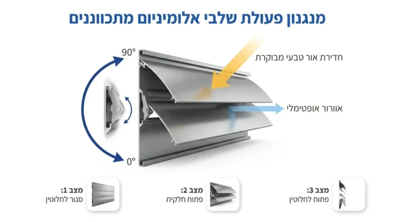 תריס אלומיניום, פתיחה מתכווננת, בקרת אור, כניסת אוויר