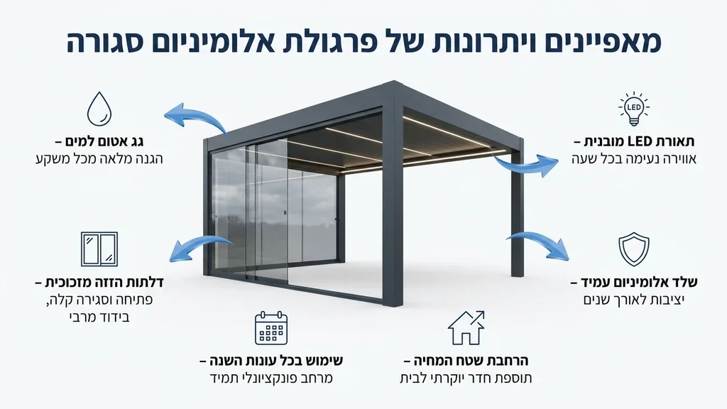 After the first H2 detailing the benefits of closed pergolas. פרגולות אלומיניום סגורות בעיצוב מודרני לחצר