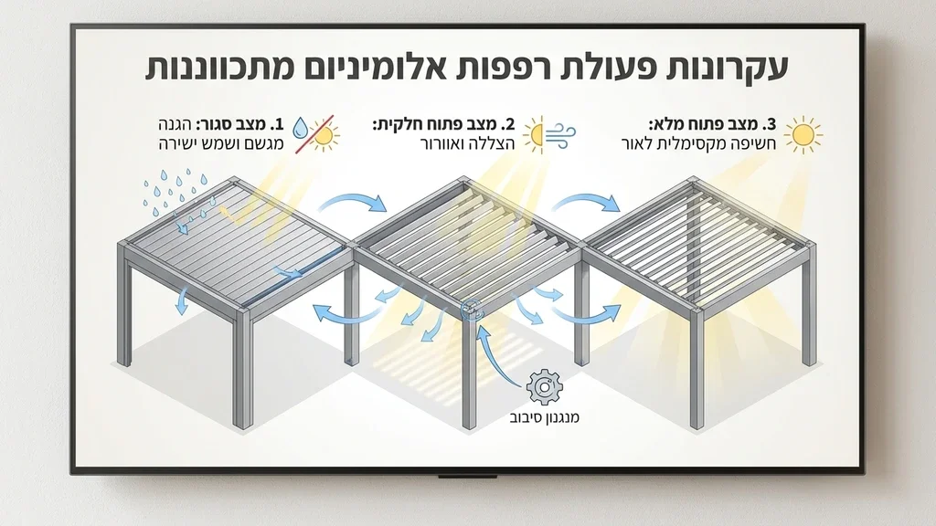פרגולה חשמלית אטומה למים בעיצוב מודרני עם רפפות אלומיניום פתוחות חלקית