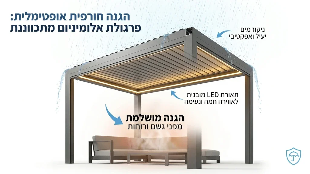 פרגולה מאלומיניום סגורה ואטומה ביום גשום מעל פינת ישיבה חיצונית