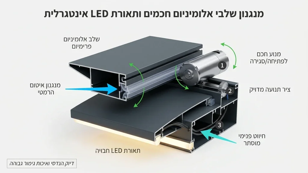 מנגנון רפפות חכם ותאורת לד בפרגולת אלומיניום
