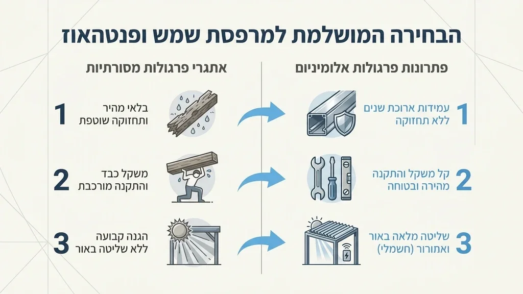 פרגולת אלומיניום מודרנית ויוקרתית המותקנת במרפסת שמש