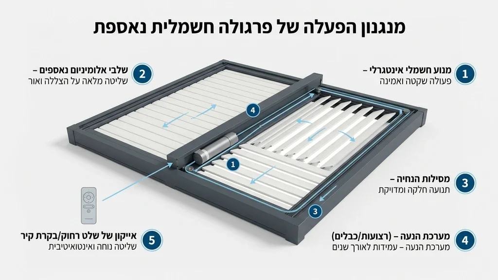 פרגולה חשמלית נאספת בעיצוב מודרני בחצר פרטית יוקרתית