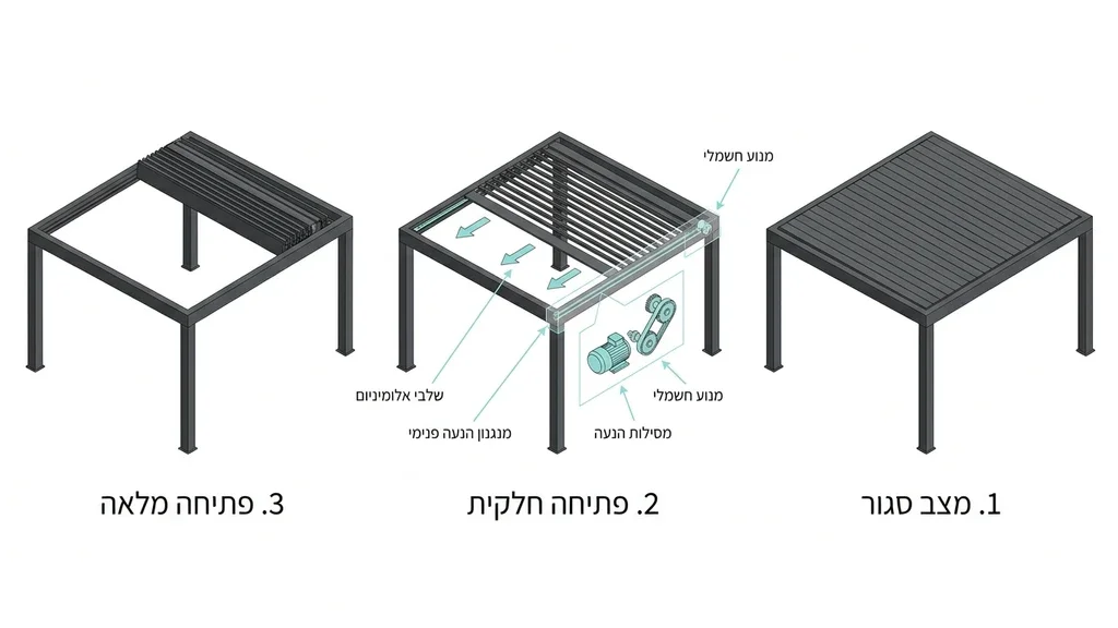 פרגולה חשמלית נאספת מאלומיניום במצב פתיחה חלקית