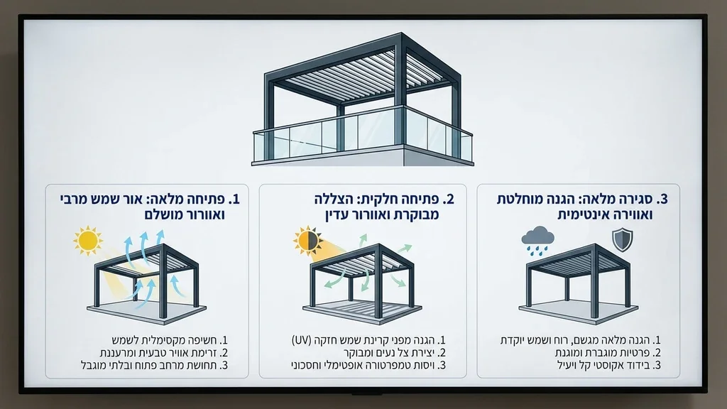 גג חשמלי למרפסת פתוח למחצה ביום קיץ שמשי